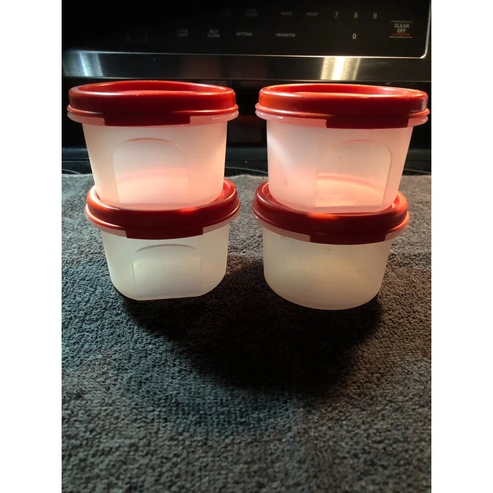 Tupperware Containers Modular Mates Round  Set of 4 - 7 oz #1605 Red Lid #1607